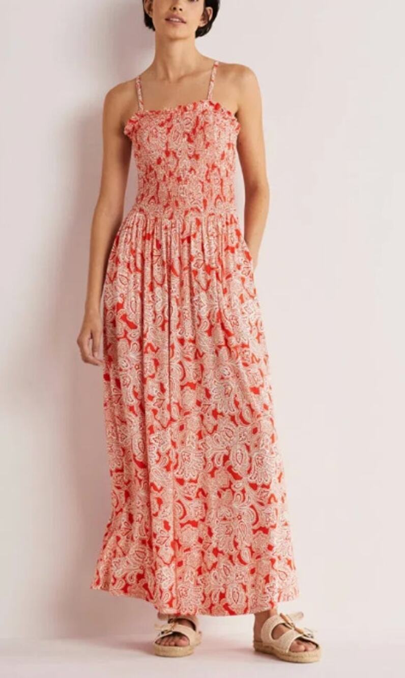 Boden Convertible Strap / Strapless jersey smocked maxi orange white size 20/22R